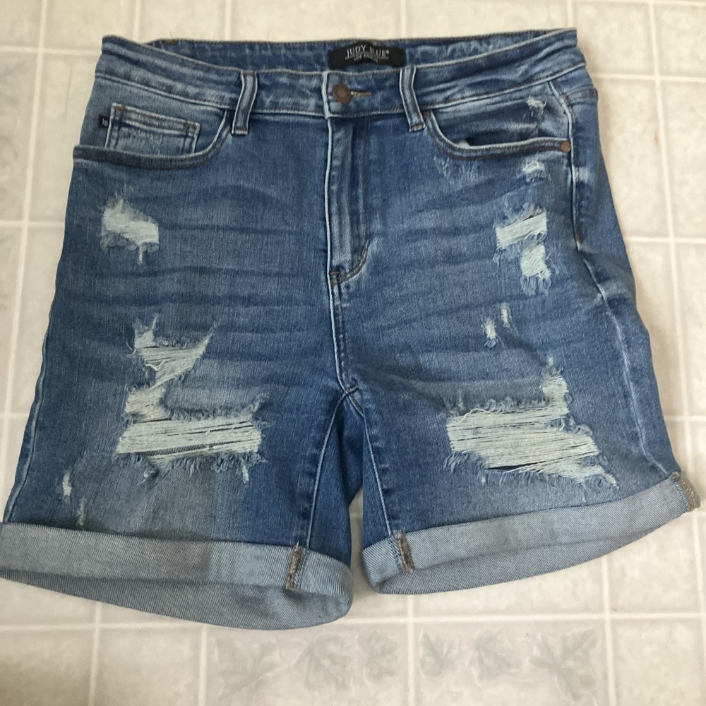 Judy Blue Shorts Large Blue Ripped Distressed Cuffed Denim Stretch JB150024